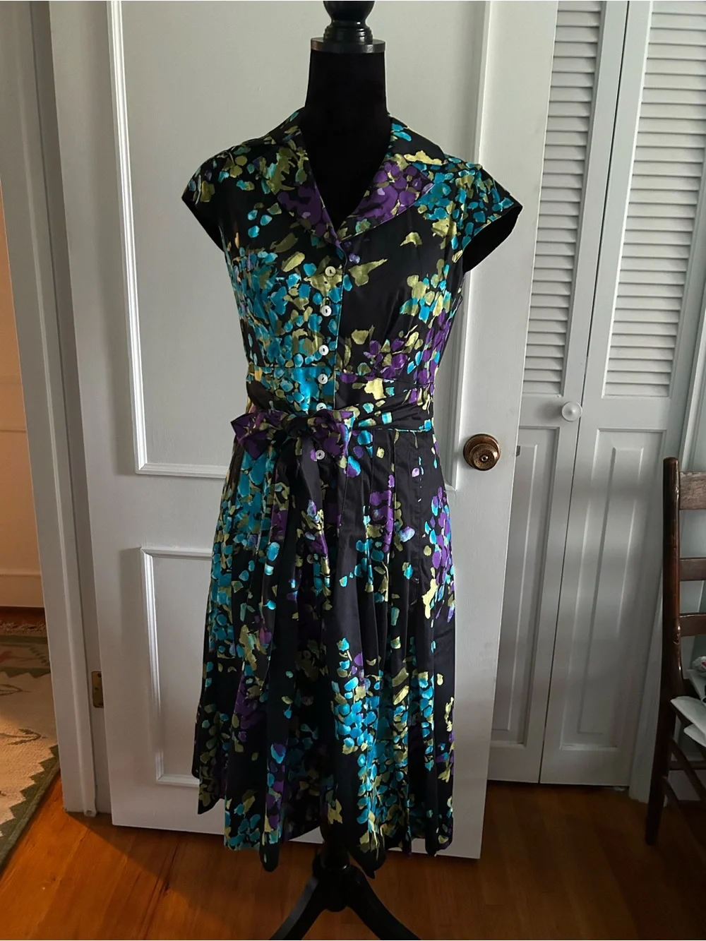 Black Floral Tie-Waist Shirt Dress with Teal and Purple Accents